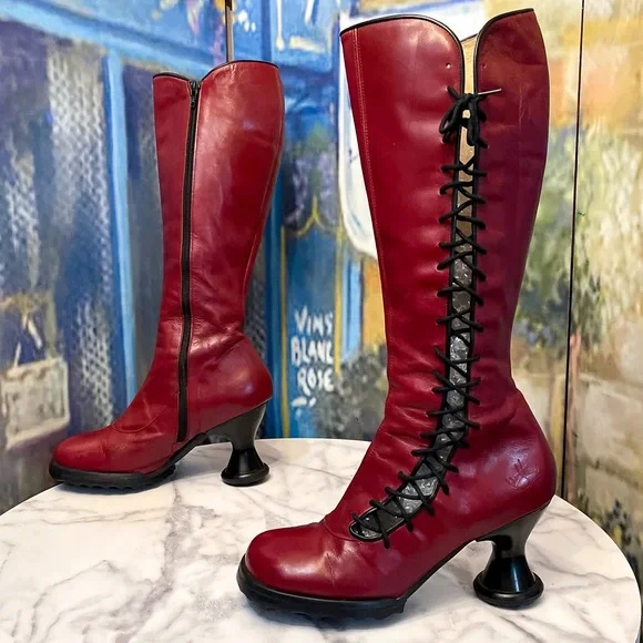 John Fluevog Mini Sugar Knee-High Lace-Up Boots Wine Black 9 GUC - Picture 5 of 11